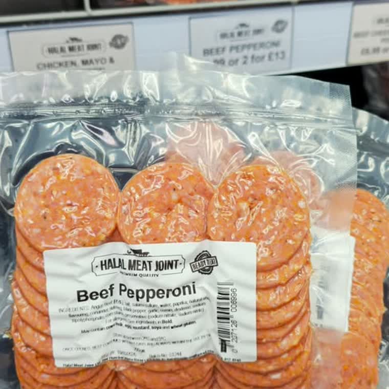 Packs of Halal Meat Joint beef pepperoni in the chilled display